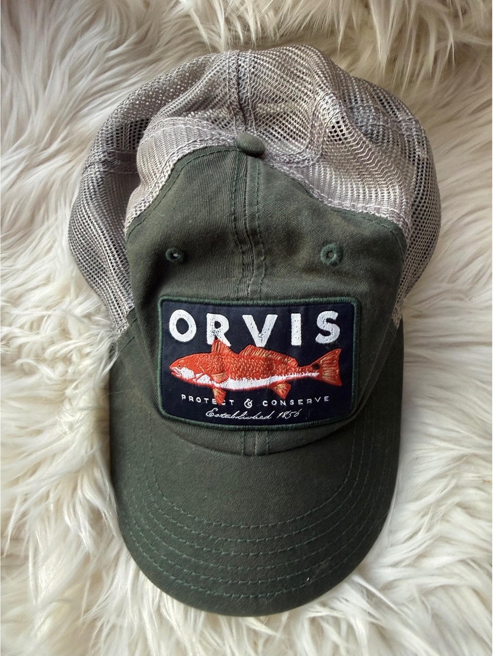 Orvis Green and Beige Mesh Trucker Hat with Fish Patch
